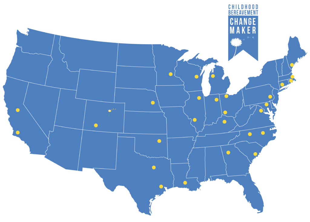 Blue map of the United States depicting Changemaker organization locations across the country with yellow dots. 