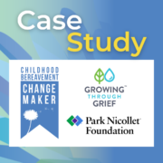 colorful geometric background with "Case Study" written on top. Showing Childhood Bereavement Changemaker logo, Growing through Grief logo, and Park Nicollet foundation logo