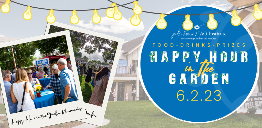 Blue circle featuring save the date information for Judi's House's Happy Hour in the Garden event on June 2, 2023.