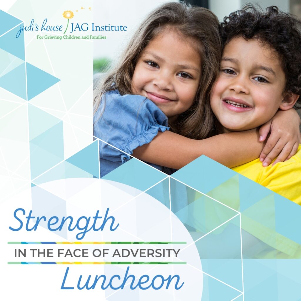 Strength in the Face of Adversity Luncheon logo overlayed with graphic triangle pattern in light blues and greens. Picture of young girl and her brother smiling and embracing.