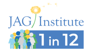 JAG Institute 1 in 12 logo with kids and family graphics