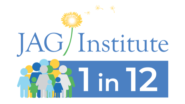 JAG Institute 1 in 12 logo with kids and family graphics