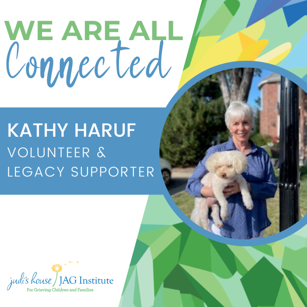 We are all connected, photo of Kathy Haruf Volunteer and Legacy supporter holding white dog