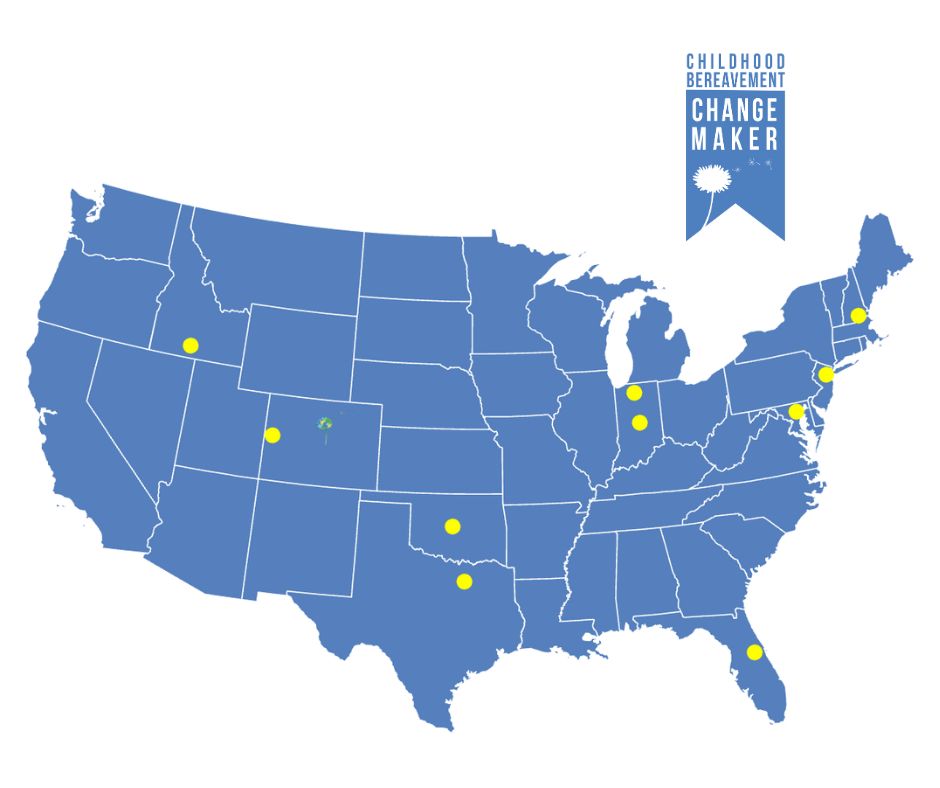 Blue map of the united states showing locations of each 2024 Changemaker organization with a yellow dot. Above the map is a blue emblem with a white dandelion that reads "Childhood Bereavement Changemaker"