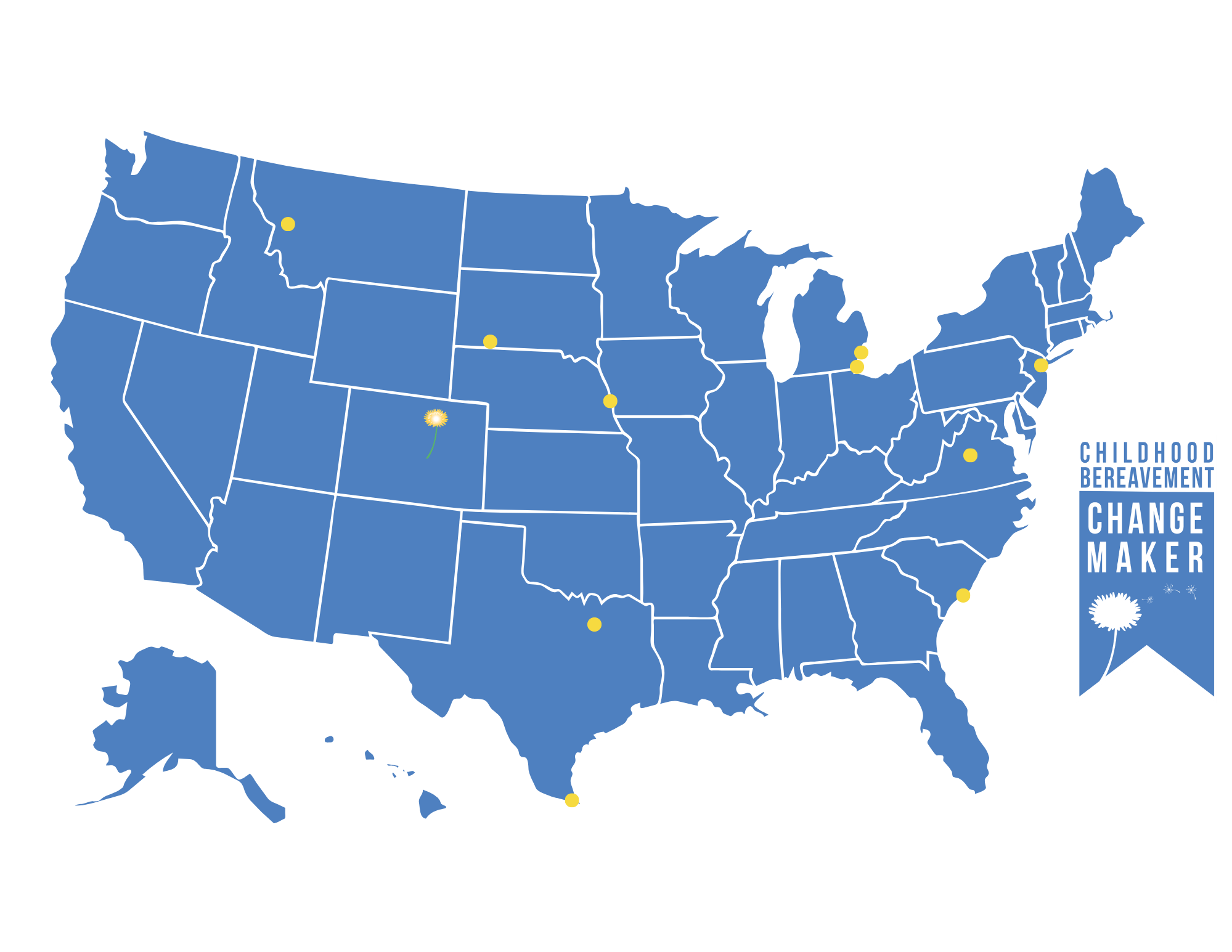 Simple blue map of the United States with a dandelion symbolizing Judi's House's location and yellow dots highlighting where each member of Cohort 6 of the Childhood Bereavement Changemakers are located